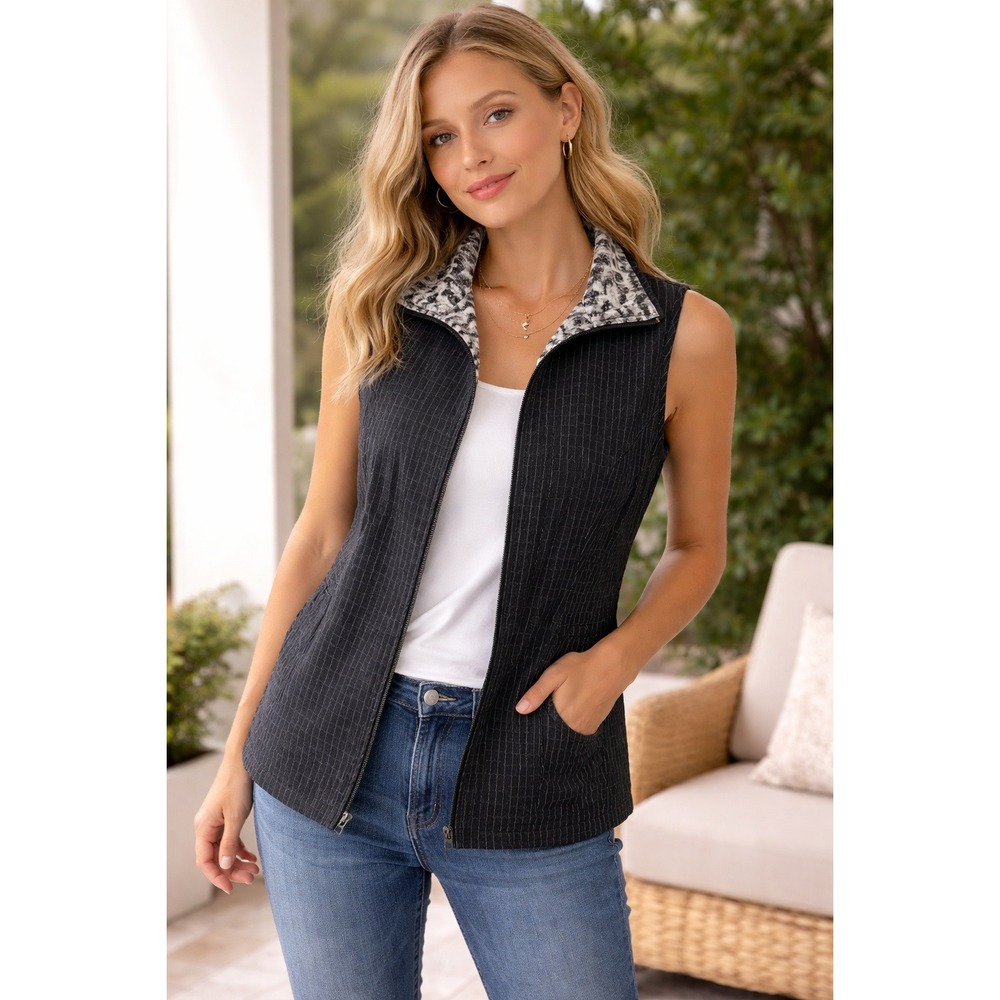 Reversible Quilted Vest Pinstripe Animal Print‎ Full Zip Black Grey Large